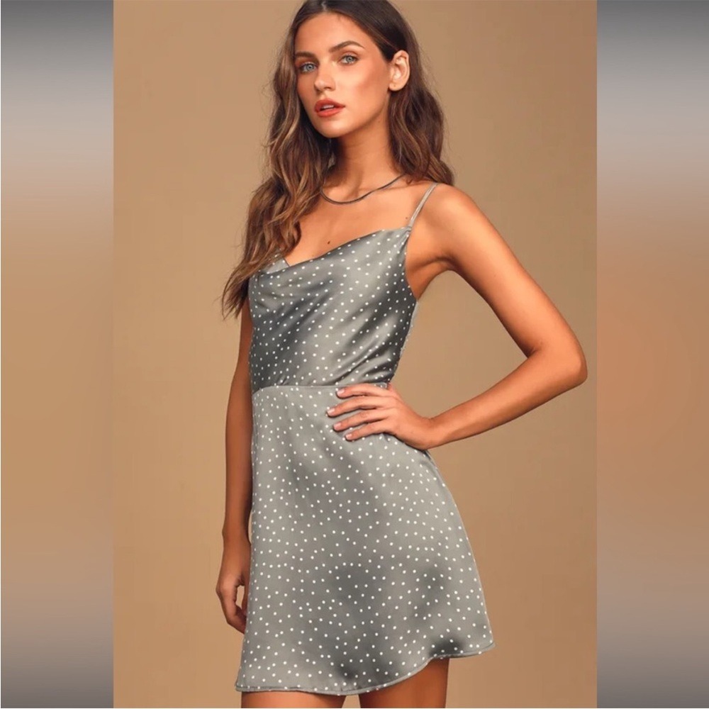Lulus Spot in My Heart‎ Sage Grey Polka Dot Satin Cowl Neck Mini Dress small NWT
